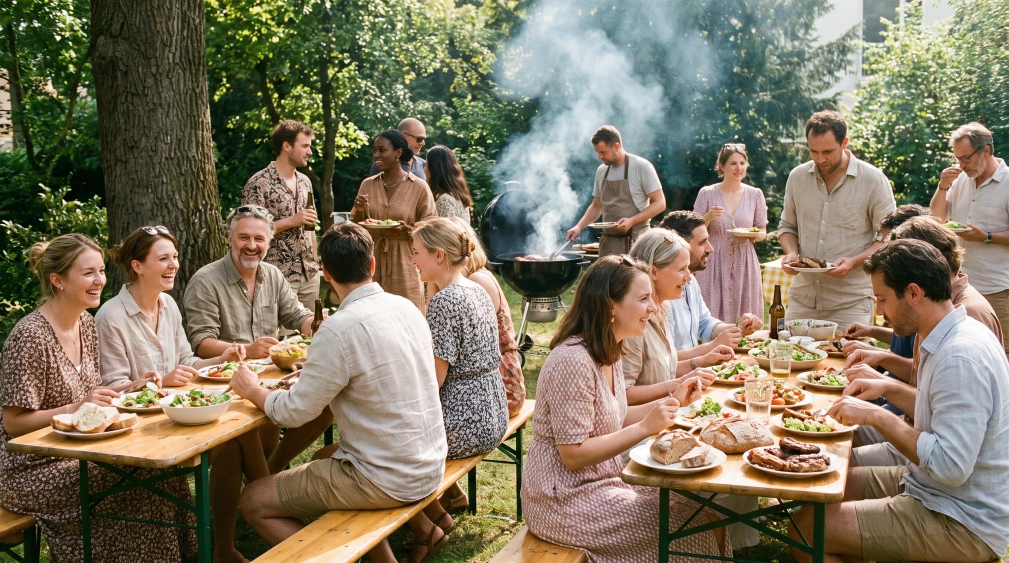Gedeckter Tisch mit Grillbuffet und Getränken bei einem Sommerfest im Garten