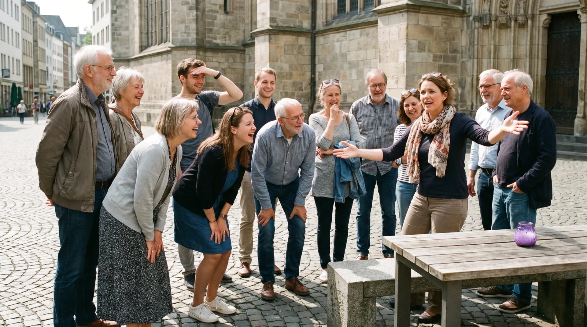 Stadtführung Köln: eine Gruppe von acht Erwachsenen hört einem animiert gestikulierenden Gästeführer vor historischer Architektur zu, sonniger Nachmittag.
