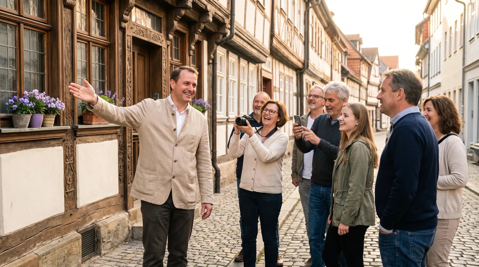 Stadtführung in Bewegung: eine Gästeführerin erklärt lebhaft historische Architektur, während eine gemischte Gruppe Erwachsener auf einem Kopfsteinpflaster-Weg.