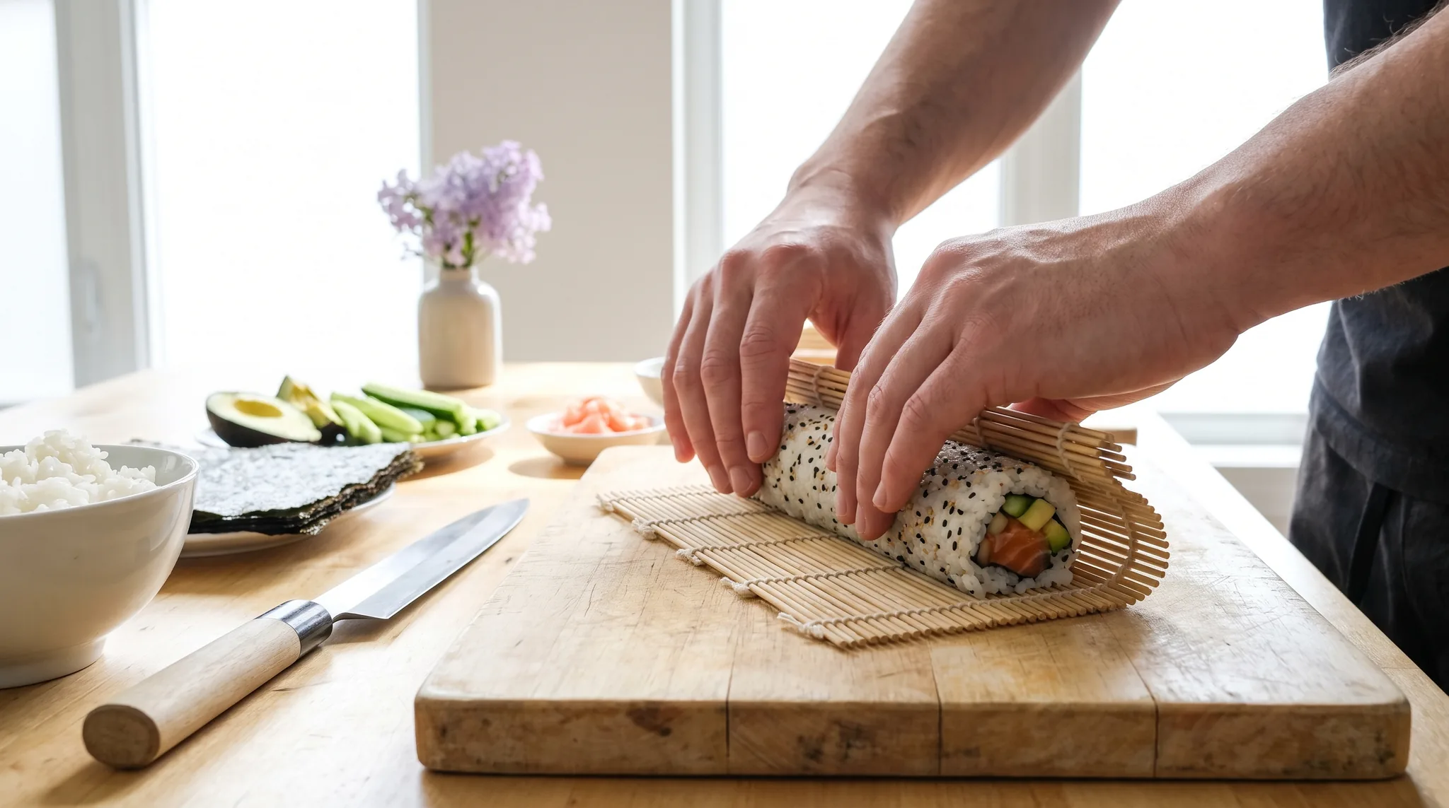 Zwei Hände rollen mit einer Bambusmatte eine Inside-Out-Rolle mit Sesam, Lachs, Avocado und Gurke, daneben eine Schale Sushi-Reis, Nori-Blätter, eingelegter Ingwer und ein langes Messer