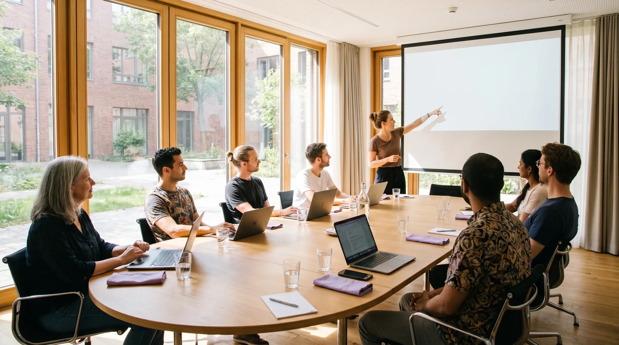 Tagungsraum Berlin: Gruppe von acht Personen diskutiert an einem langen Konferenztisch mit offenen Laptops und Kaffee.