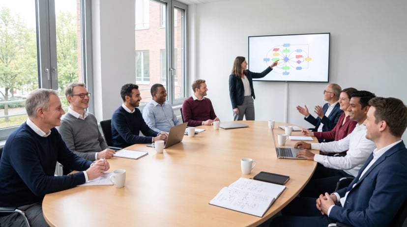 Tagungsraum Bonn: Helles, modernes Konferenzzimmer mit acht Fachleuten um einen ovalen Tisch, Moderatorin zeigt auf eine Projektion.