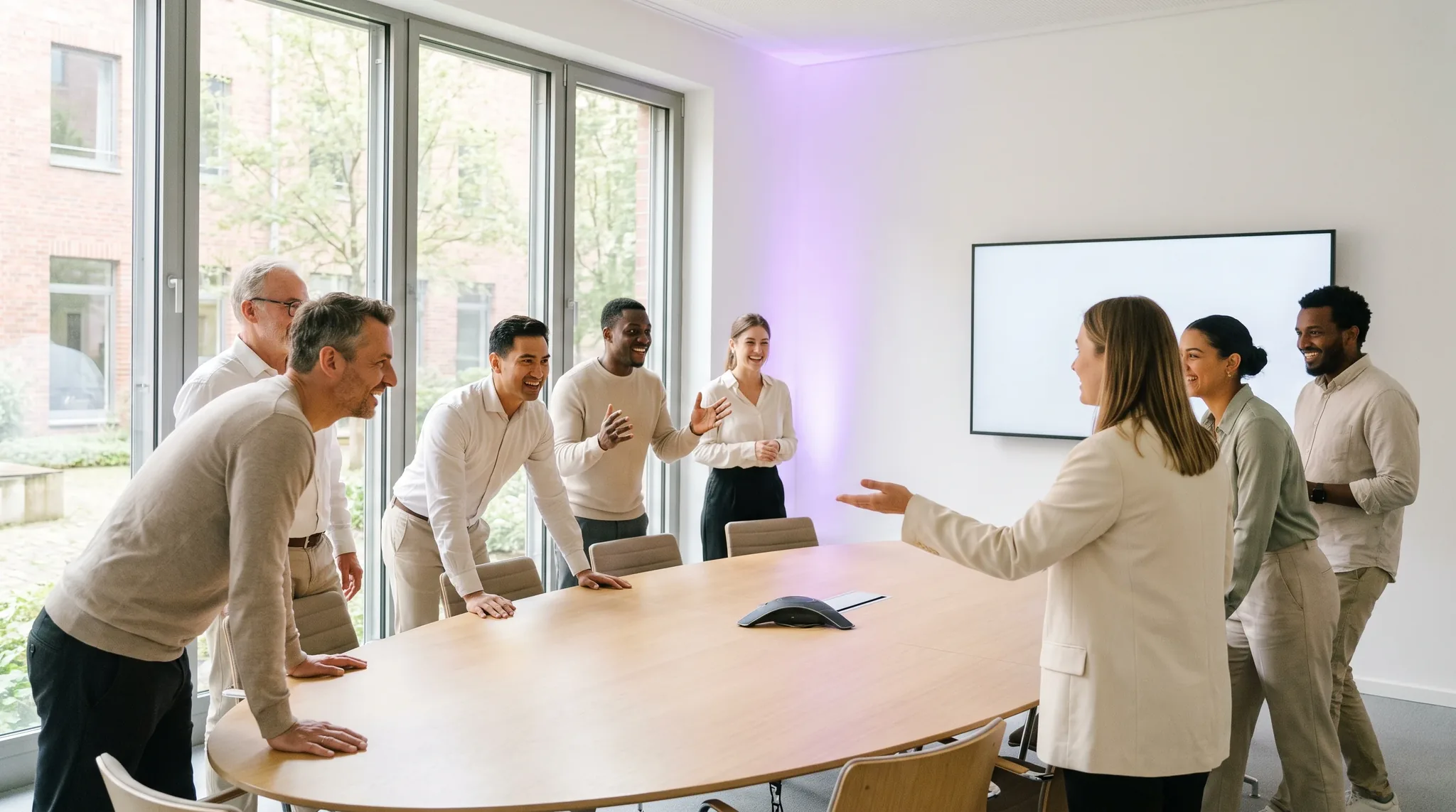 Tagungsraum Düsseldorf: acht Fachleute unterschiedlichen Alters sitzen an einem langen Konferenztisch, eine Person präsentiert vor einer großen Leinwand.
