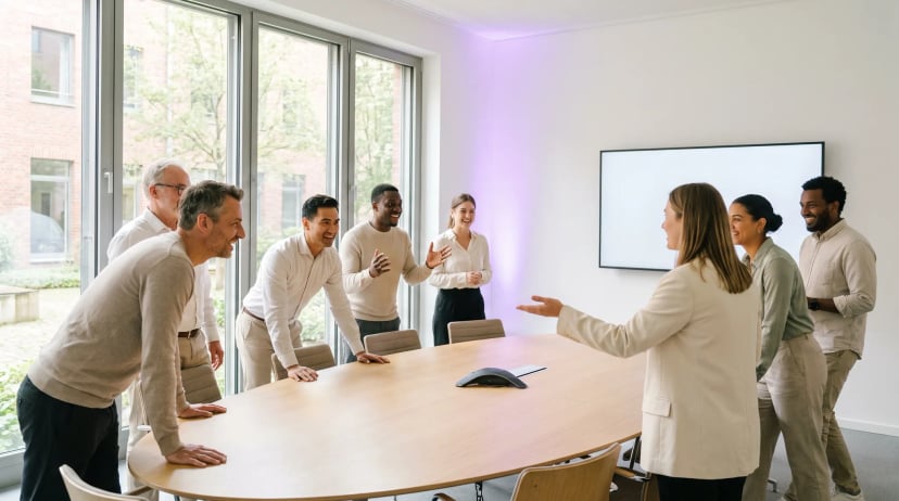 Tagungsraum Düsseldorf: acht Fachleute unterschiedlichen Alters sitzen an einem langen Konferenztisch, eine Person präsentiert vor einer großen Leinwand.