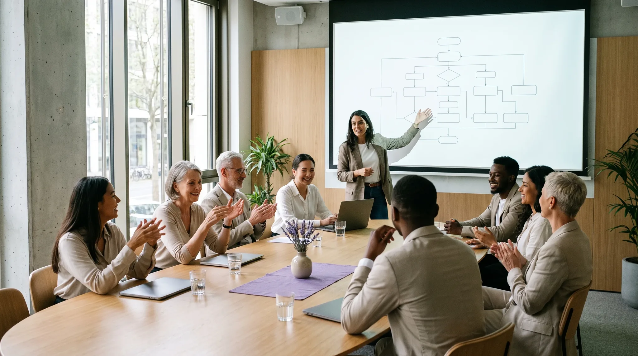 Tagungsraum Köln: Acht Personen unterschiedlichen Alters und Herkunft arbeiten in einem hellen modernen Konferenzraum an einem Workshop rund um einen ovalen.
