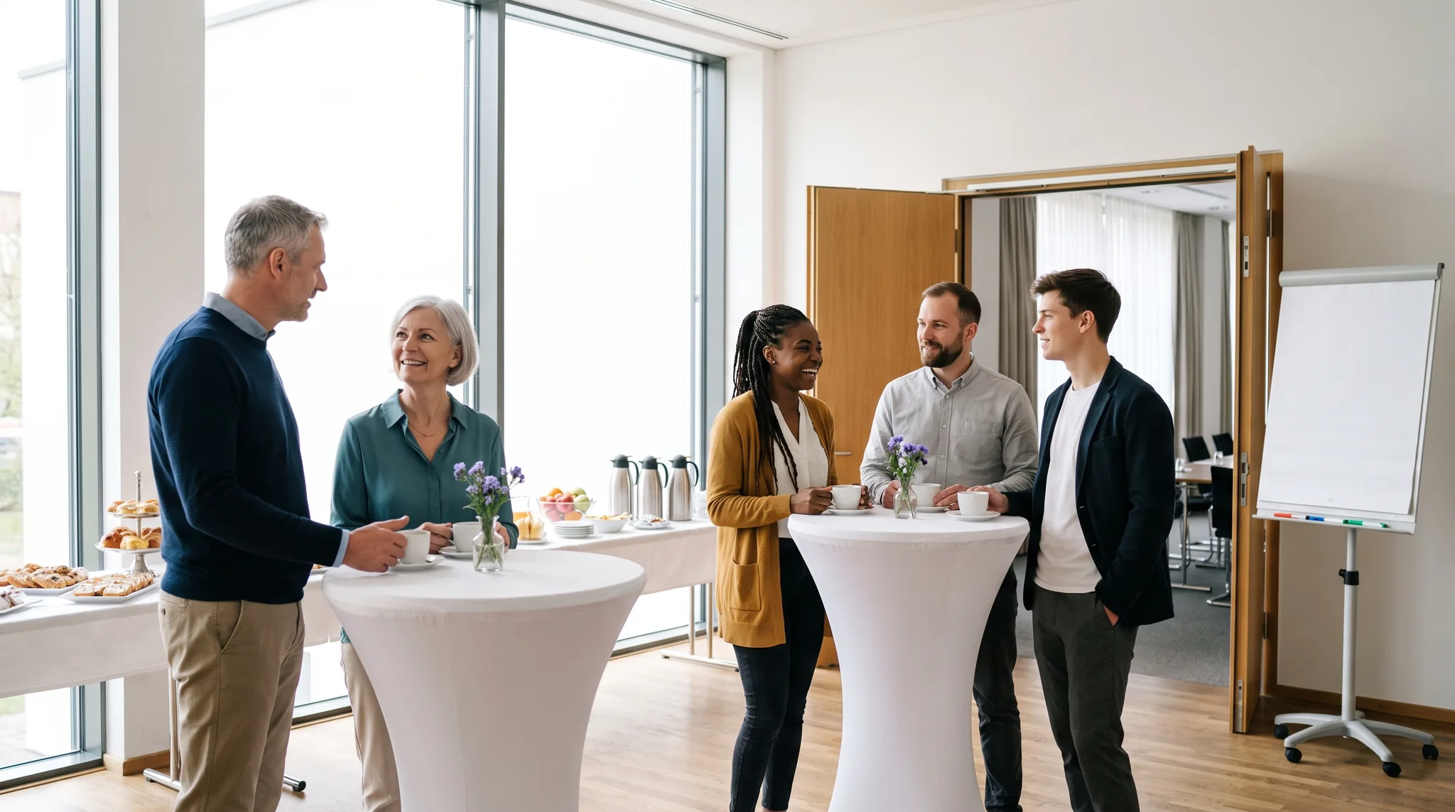 Kaffeepause vor einem Tagungsraum mit Teilnehmern im Gespräch und vorbereitetem Moderationsmaterial