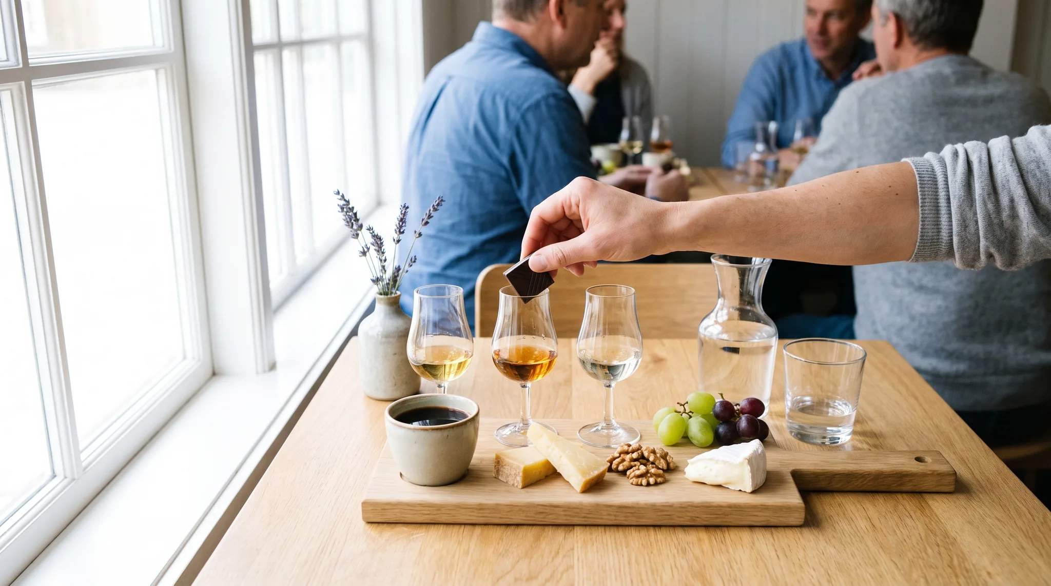Probierbrett am Fenster mit drei kleinen Gläsern, einer Tasse Kaffee, Hartkäse, Weichkäse, Walnüssen und Trauben, daneben Wasserkaraffe und Wasserglas, eine Hand greift nach einem Stück Schokolade