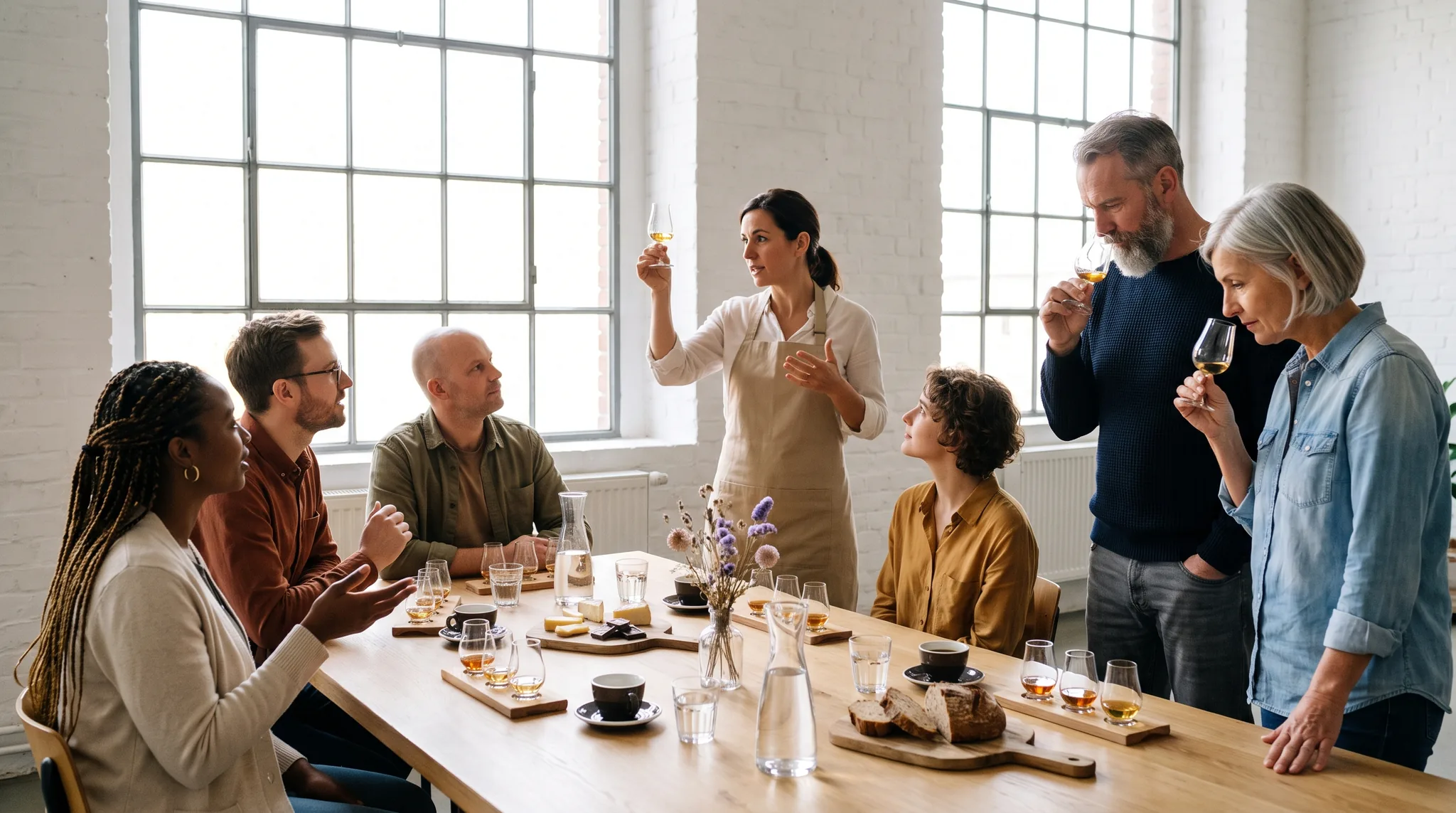 Tasting in einem hellen Loft: Eine Gastgeberin in Sandschürze hält ein Probierglas ins Licht, Gäste riechen an kleinen Proben, auf dem langen Tisch stehen Probierbretter, Käse, Schokolade, Kaffee, Brot und Wasserkaraffen