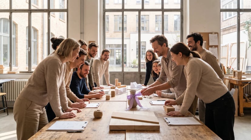 Gruppe von Erwachsenen arbeitet lachend zusammen an einem Teamevent in Berlin in einem hellen Loft mit Industriefenstern