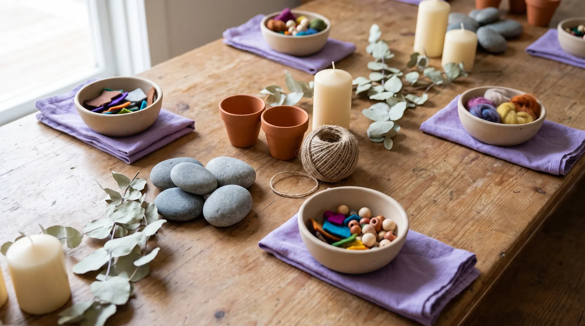 Teamevent in Bonn: Stillleben mit Leinenstoff, Holzdübeln, Keramikschalen, getrockneten Botanicals und kleinen Werkzeugen auf warmem Eichenboden.