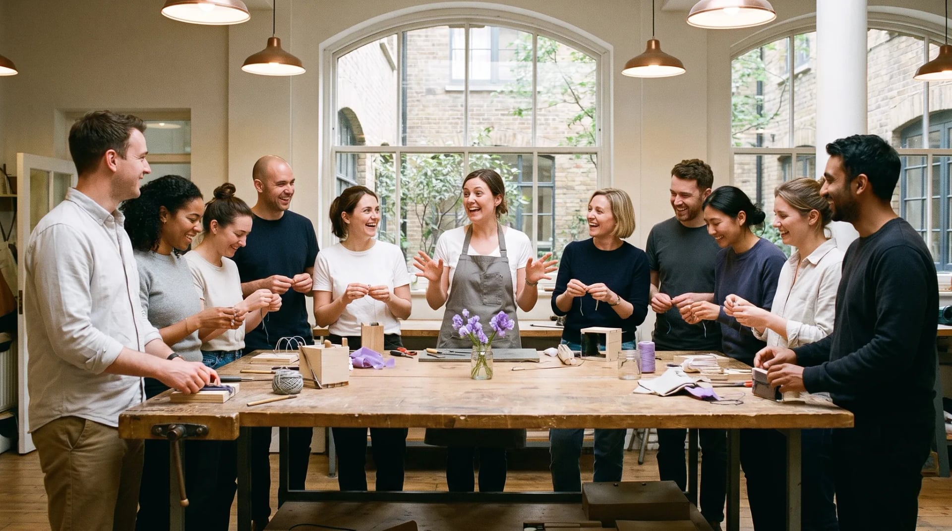 Teamevent Bonn: Zwölf Erwachsene in legerer Kleidung lachen und arbeiten gemeinsam an einem großen Holztisch in einem hellen Loft zusammen.