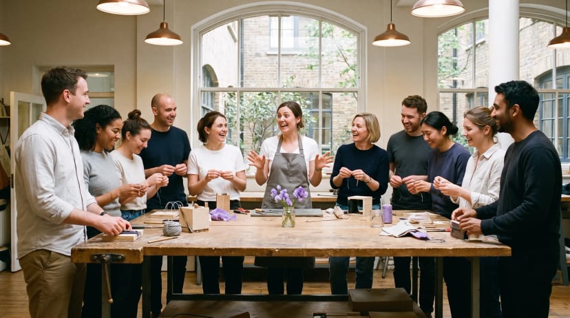 Teamevent Bonn: Zwölf Erwachsene in legerer Kleidung lachen und arbeiten gemeinsam an einem großen Holztisch in einem hellen Loft zusammen.