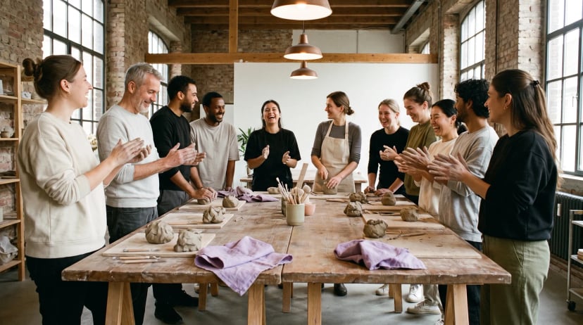 Teamevent Köln: Acht Erwachsene lachen und arbeiten gemeinsam an einem breiten Holztisch mit Bastelmaterialien, warmes Licht, Backsteinwände.