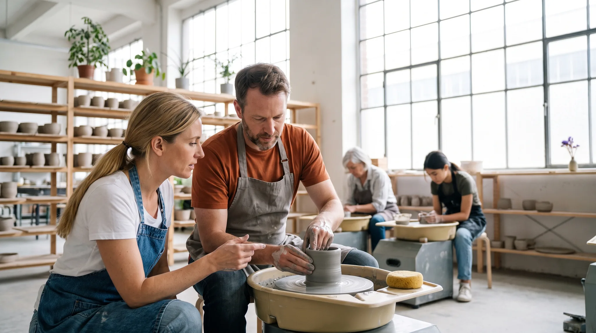 Töpferkurs in einem hellen Atelier: Ein Mann in orangefarbenem T-Shirt und grauer Schürze zieht an der Drehscheibe einen Zylinder aus nassem grauem Ton hoch, die Kursleiterin in Jeansschürze sitzt daneben und zeigt auf die Wand