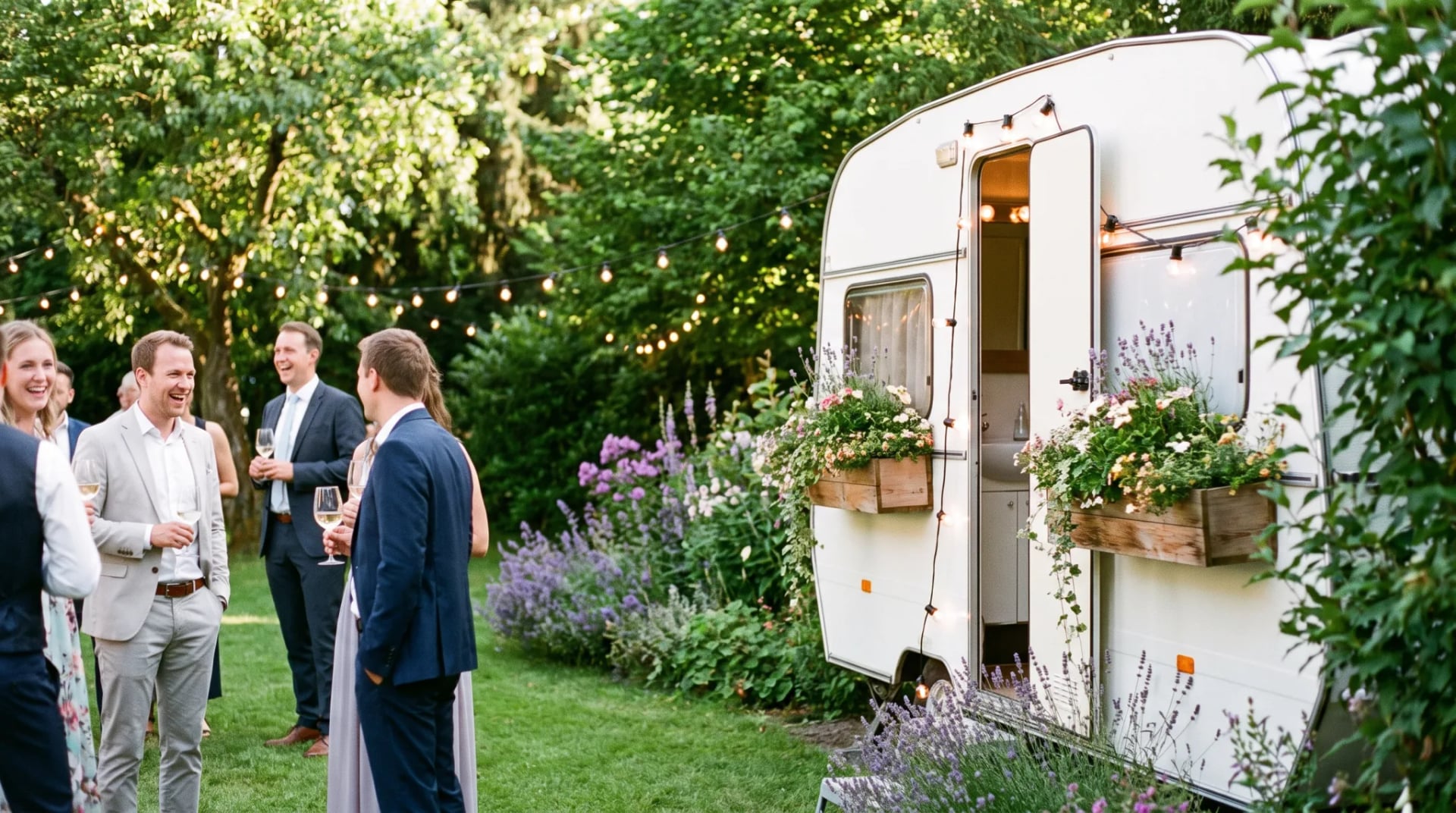 Sauberer moderner Toilettenwagen bei einer Hochzeit in Bonn