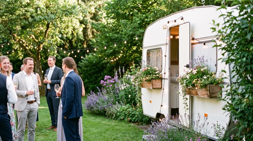 Sauberer moderner Toilettenwagen bei einer Hochzeit in Bonn