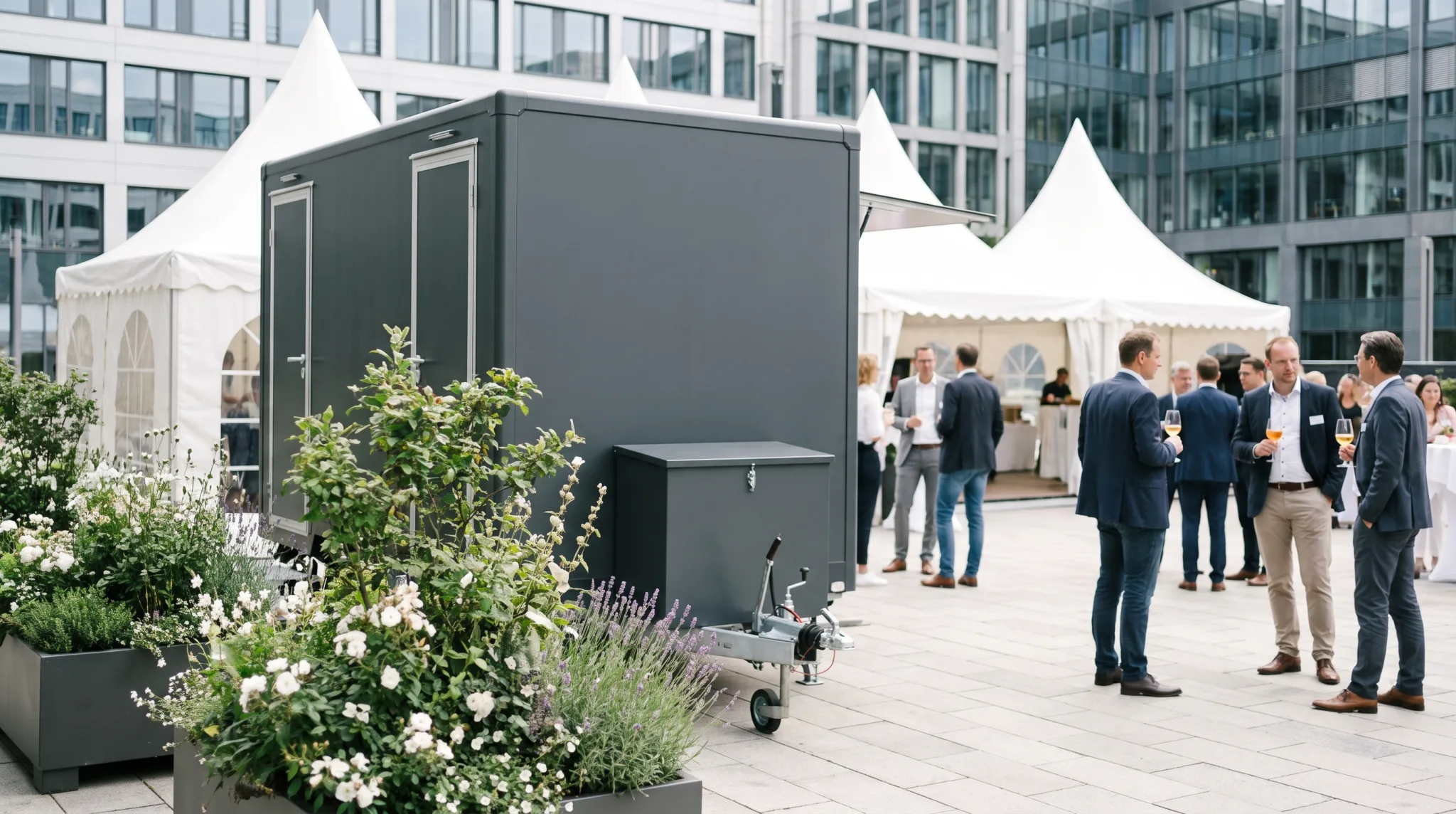Sauberer Toilettenwagen für ein Event in Düsseldorf im Freien aufgestellt