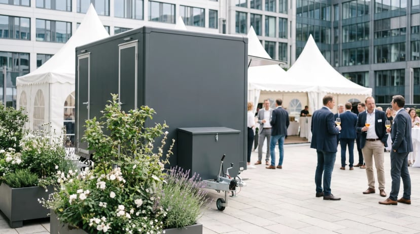 Sauberer Toilettenwagen für ein Event in Düsseldorf im Freien aufgestellt
