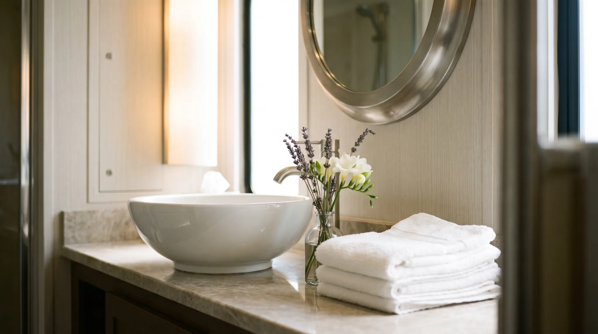 Gepflegtes Innere eines Toilettenwagens mit Waschbecken und Spiegel in Köln