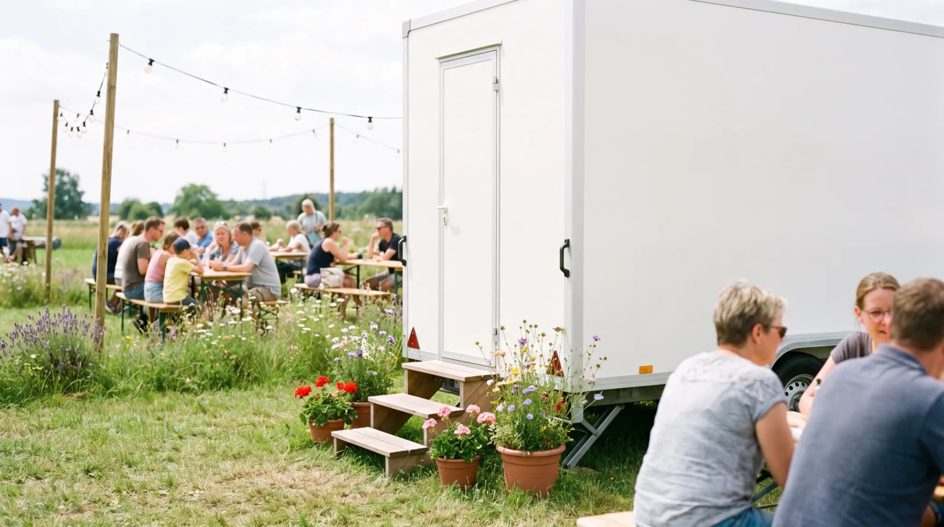 Sauberer moderner Toilettenwagen bei einer Gartenparty in Siegburg