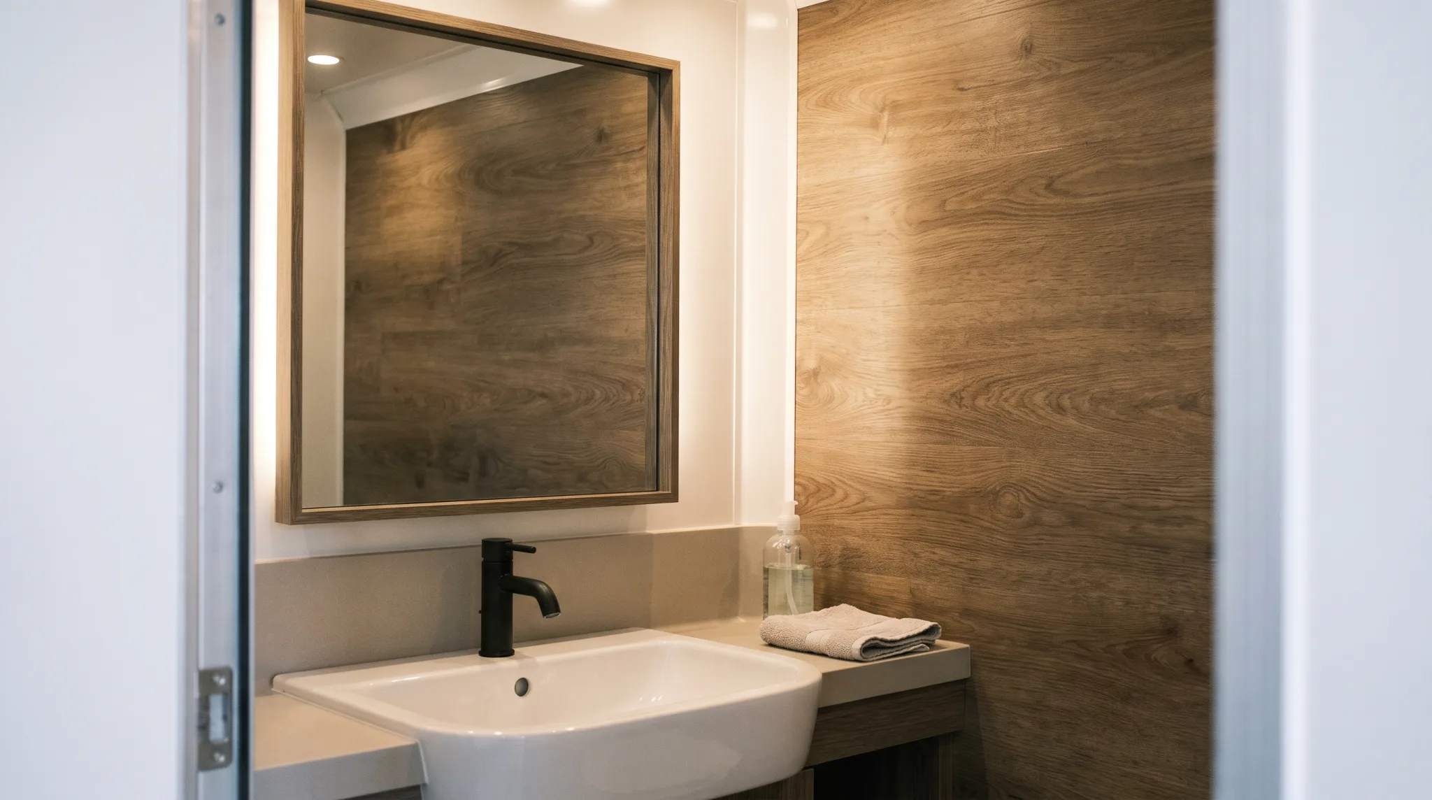 Gepflegtes Innere eines Toilettenwagens mit Waschbecken und Spiegel