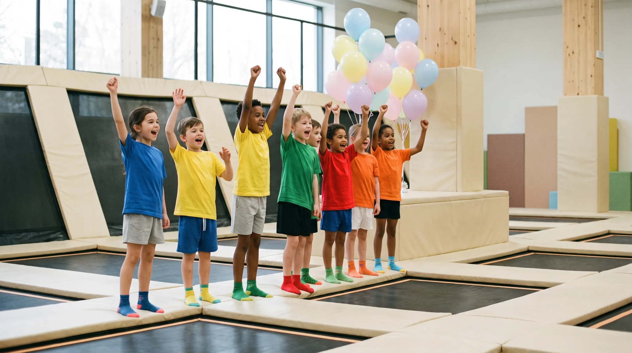 Jugendliche springen in einem Trampolinpark in Bonn, einer mitten im Sprung