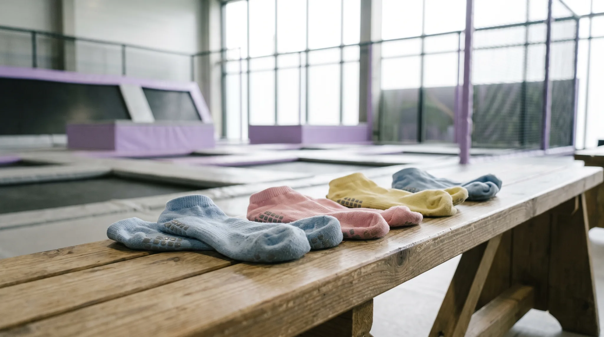 Füße in Sprungsocken auf der Sprungfläche eines Trampolinparks in Köln