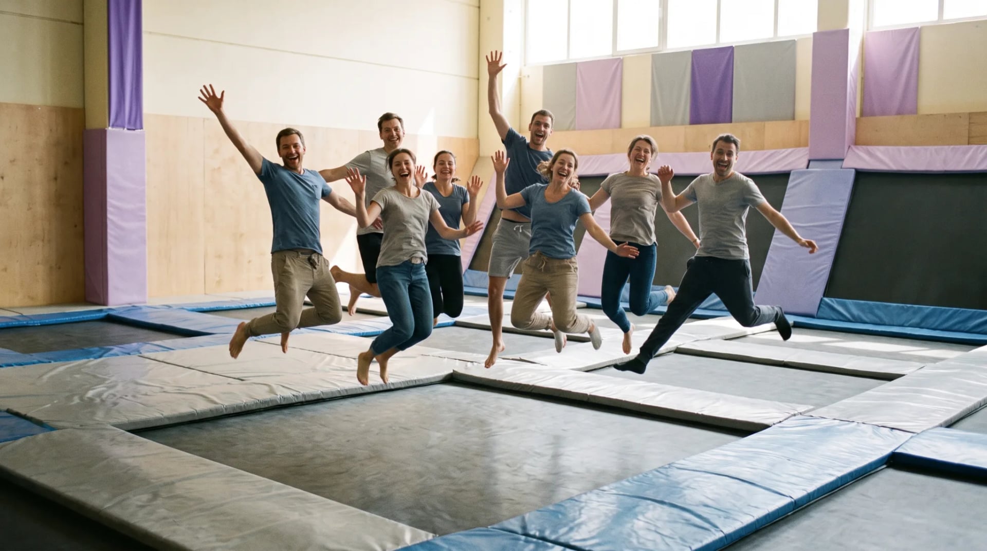 Kinder springen ausgelassen in einem Trampolinpark in Köln
