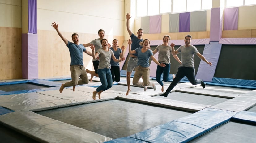 Kinder springen ausgelassen in einem Trampolinpark in Köln