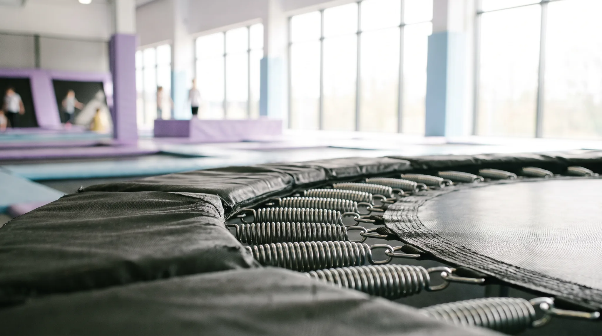 Springer landet im Foam Pit eines Trampolinparks in Siegburg, Sprungsocken und Sicherheitsnetz sichtbar