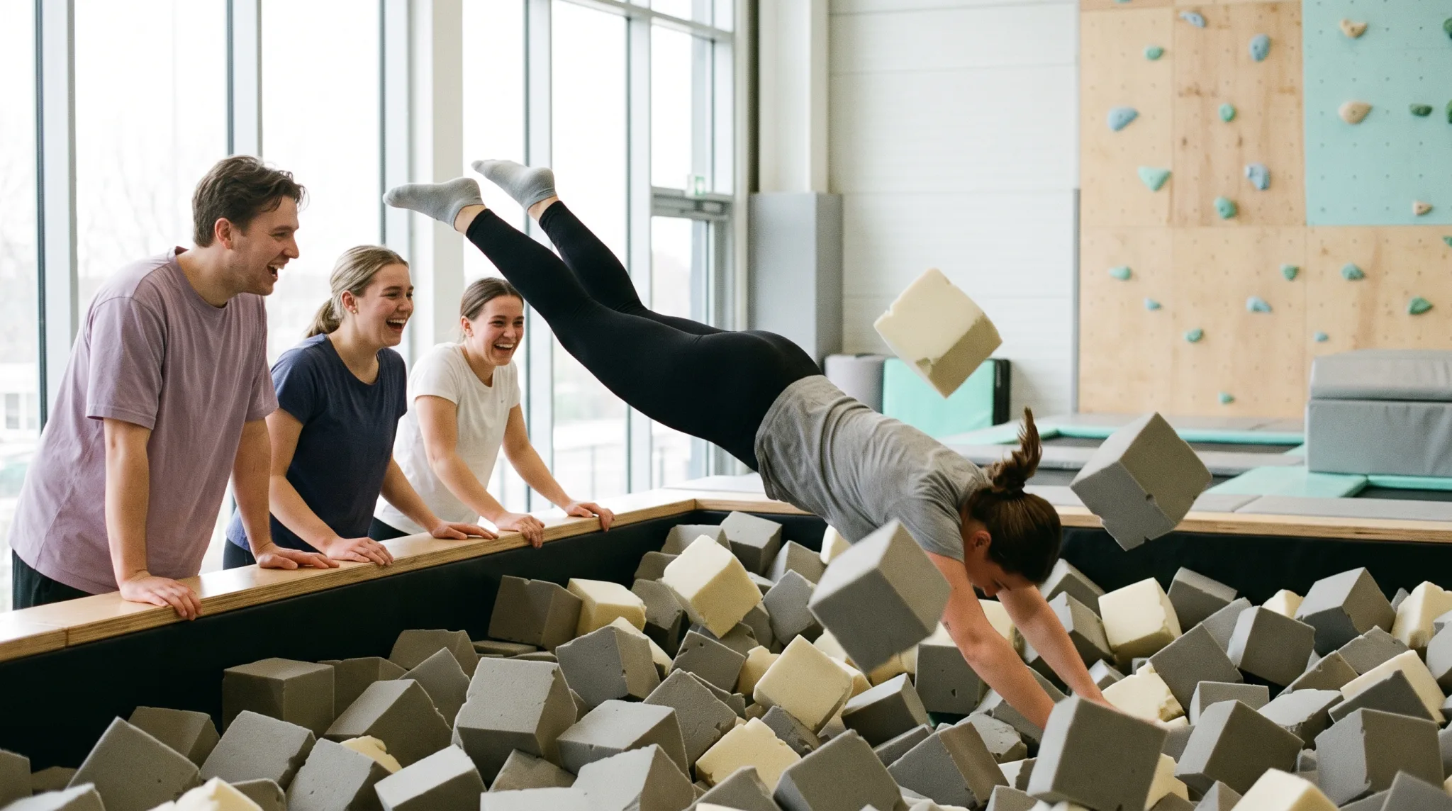 Gruppe springt lachend im Trampolinpark in Siegburg, Kinder und Erwachsene beim Freejump