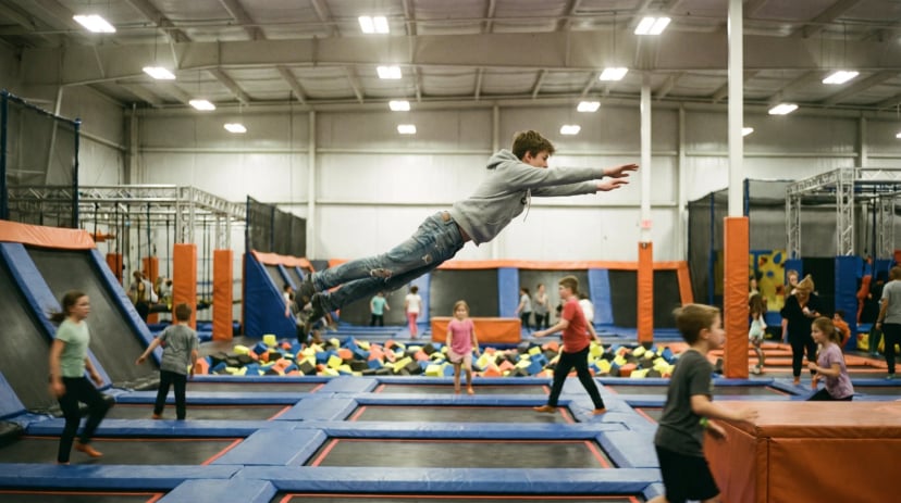 Jugendliche springen in einem großen Indoor-Trampolinpark, einer mitten im Sprung
