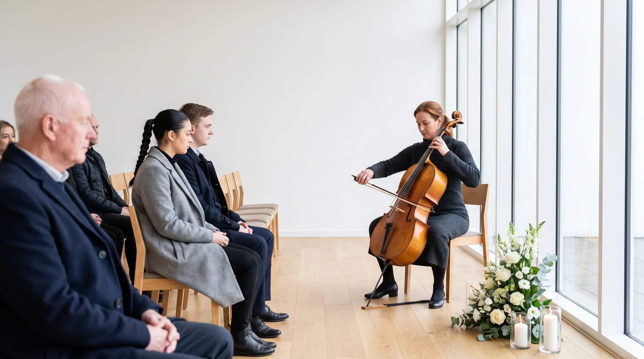 Trauermusiker in einer hellen Trauerhalle: Eine Cellistin spielt seitlich am Fenster, daneben weiße Rosen und zwei Kerzen, Trauergäste sitzen in Stuhlreihen