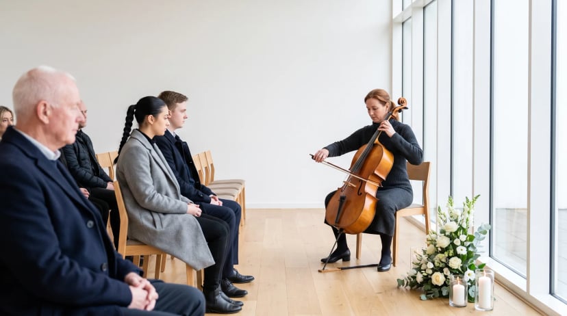 Trauermusiker in einer hellen Trauerhalle: Eine Cellistin spielt seitlich am Fenster, daneben weiße Rosen und zwei Kerzen, Trauergäste sitzen in Stuhlreihen