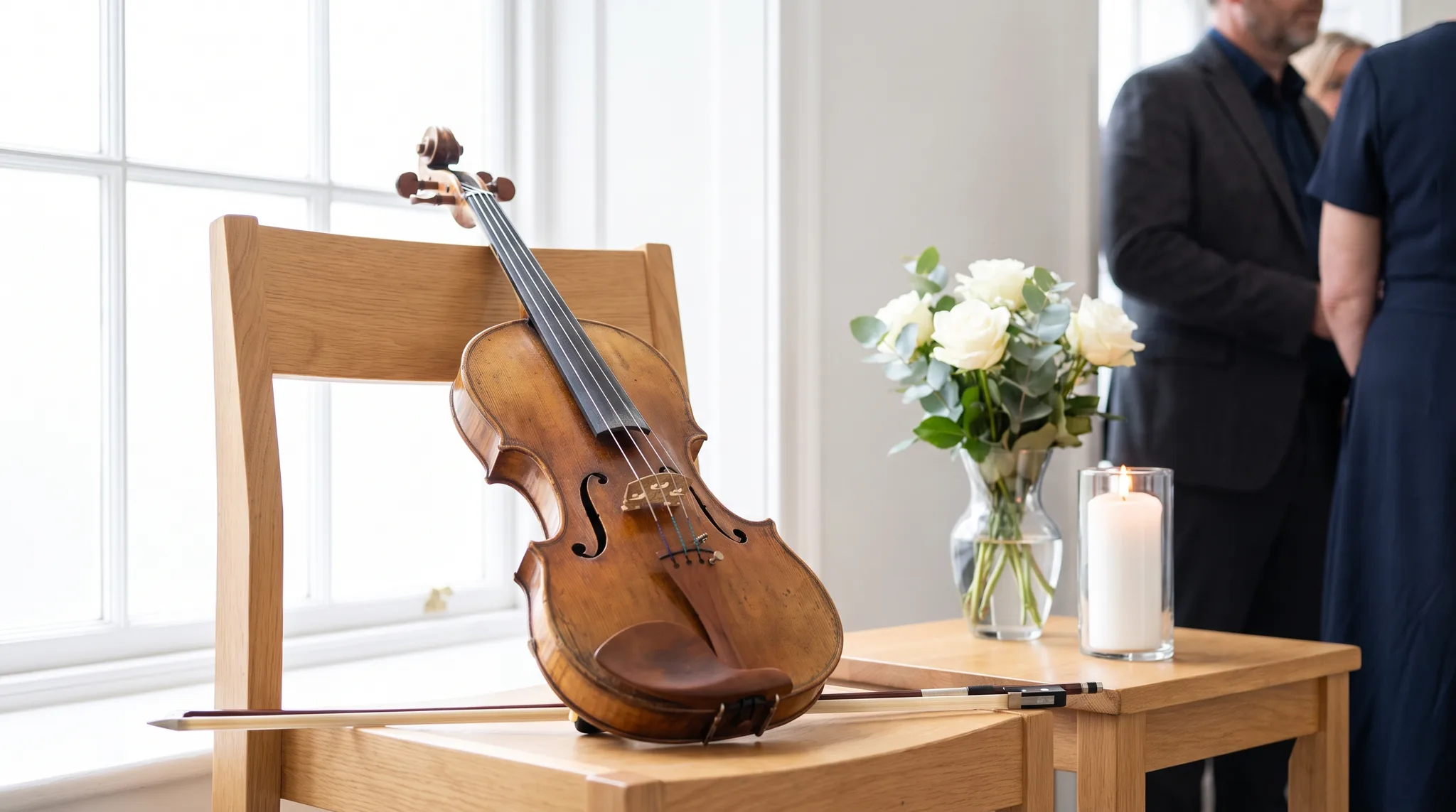 Trauermusiker Detail: Geige mit Bogen auf einem hellen Holzstuhl am Fenster, daneben weiße Rosen mit Eukalyptus und eine brennende Kerze