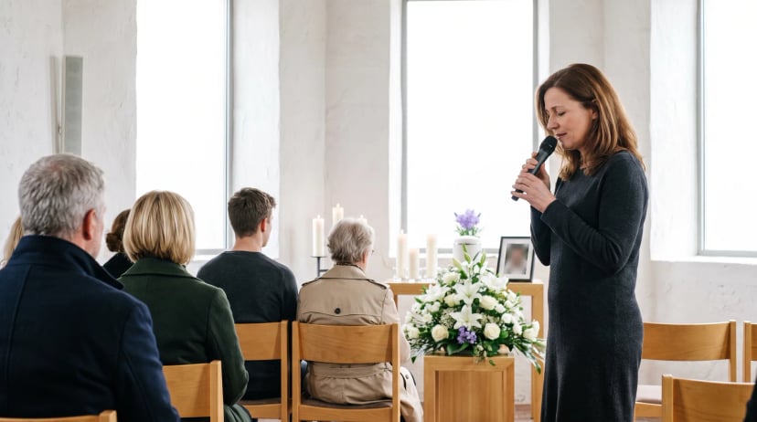 Trauersängerin singt bei einer Trauerfeier in einer hellen Kapelle, vor ihr ein Gesteck aus weißen Lilien und Rosen mit Kerzen, Trauergäste sitzen in den Stuhlreihen