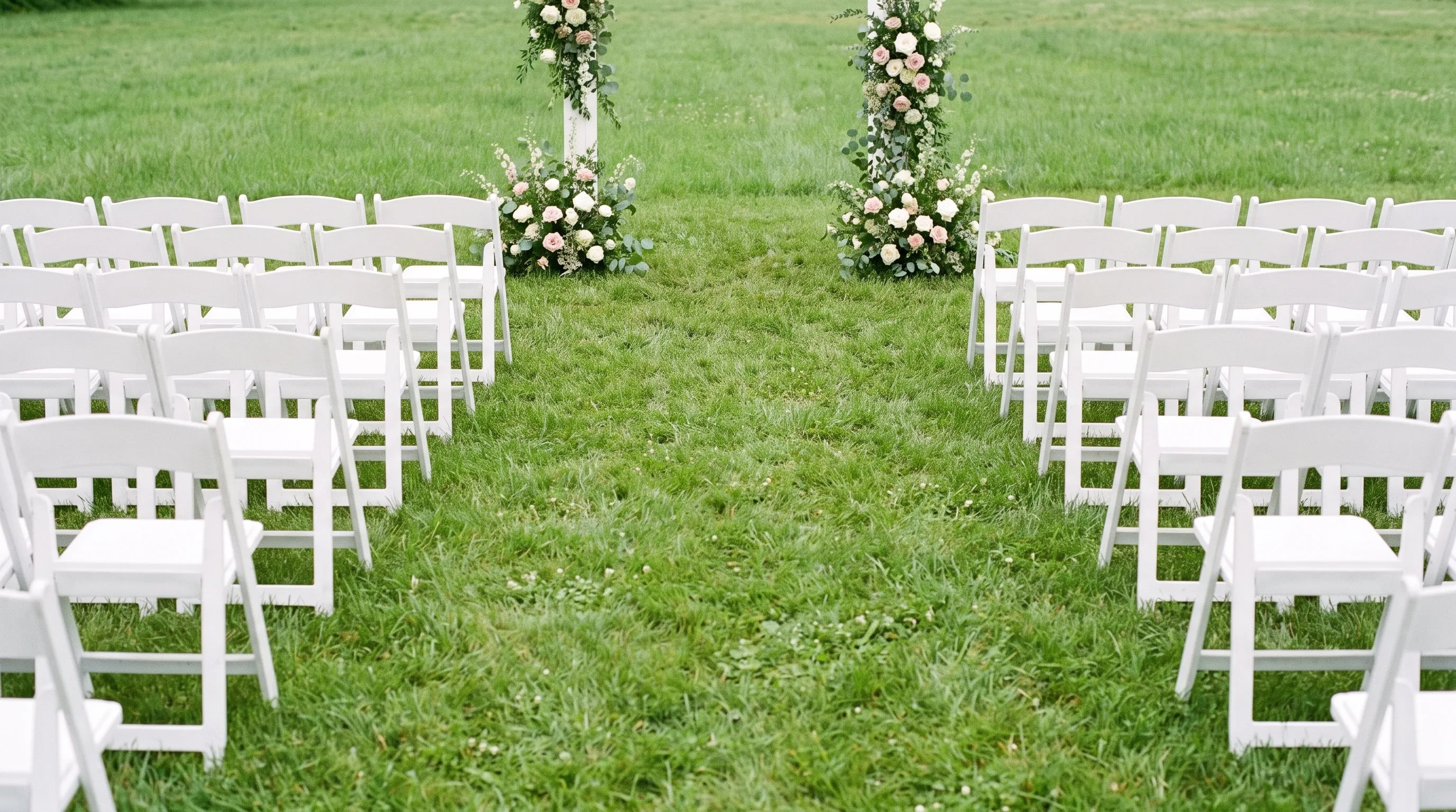 Zeremonie-Setting mit weißen Stuhlreihen und Blumenbogen für eine freie Trauung