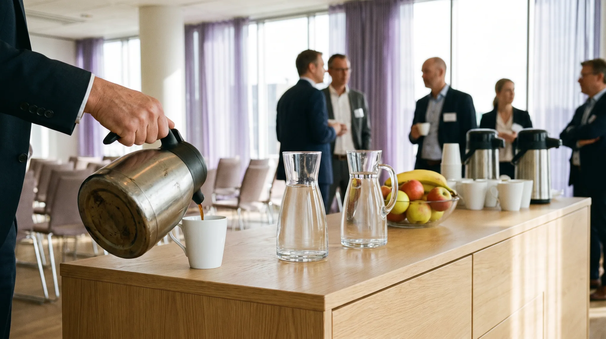 Kaffeepause auf einem Sideboard in einem gemieteten Veranstaltungsraum in Düsseldorf