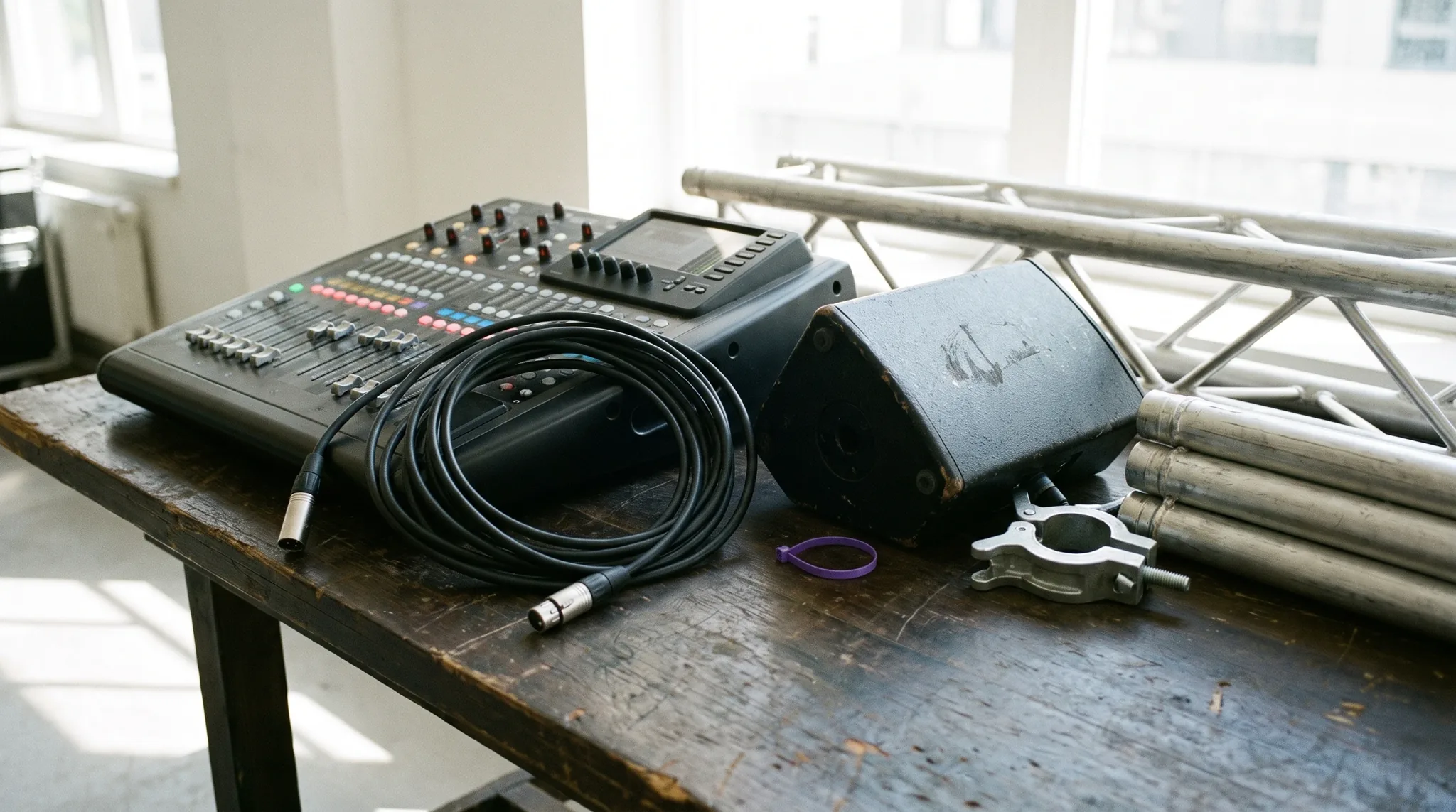 Veranstaltungstechnik in Bonn: Digitalmischpult, XLR-Kabel, Bühnenmonitor, Traversenteile und Klemme auf einer Werkbank im Tageslicht.