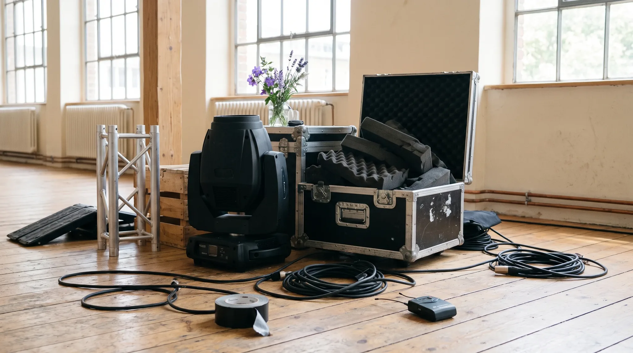 Veranstaltungstechnik in Düsseldorf: Moving Head, offenes Flightcase, XLR-Kabel und Funkmikrofon beim Aufbau im Loft.