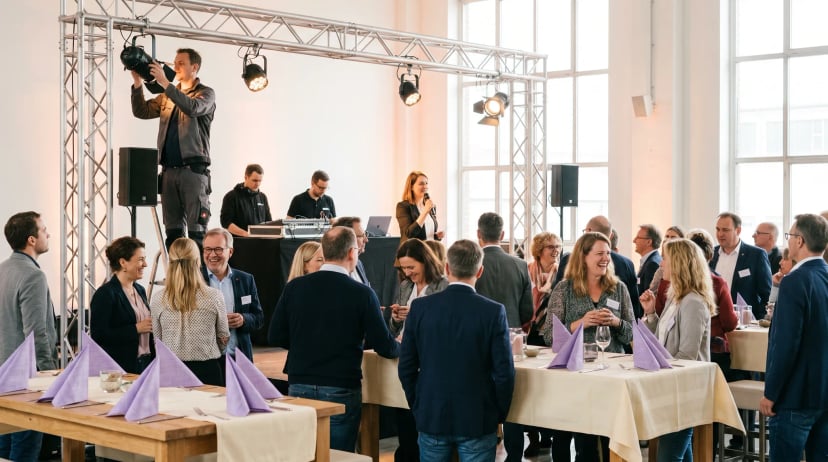 Veranstaltungstechnik Düsseldorf: Techniker richtet einen Scheinwerfer an der Traverse aus, Gäste einer Firmenfeier im hellen Loft.