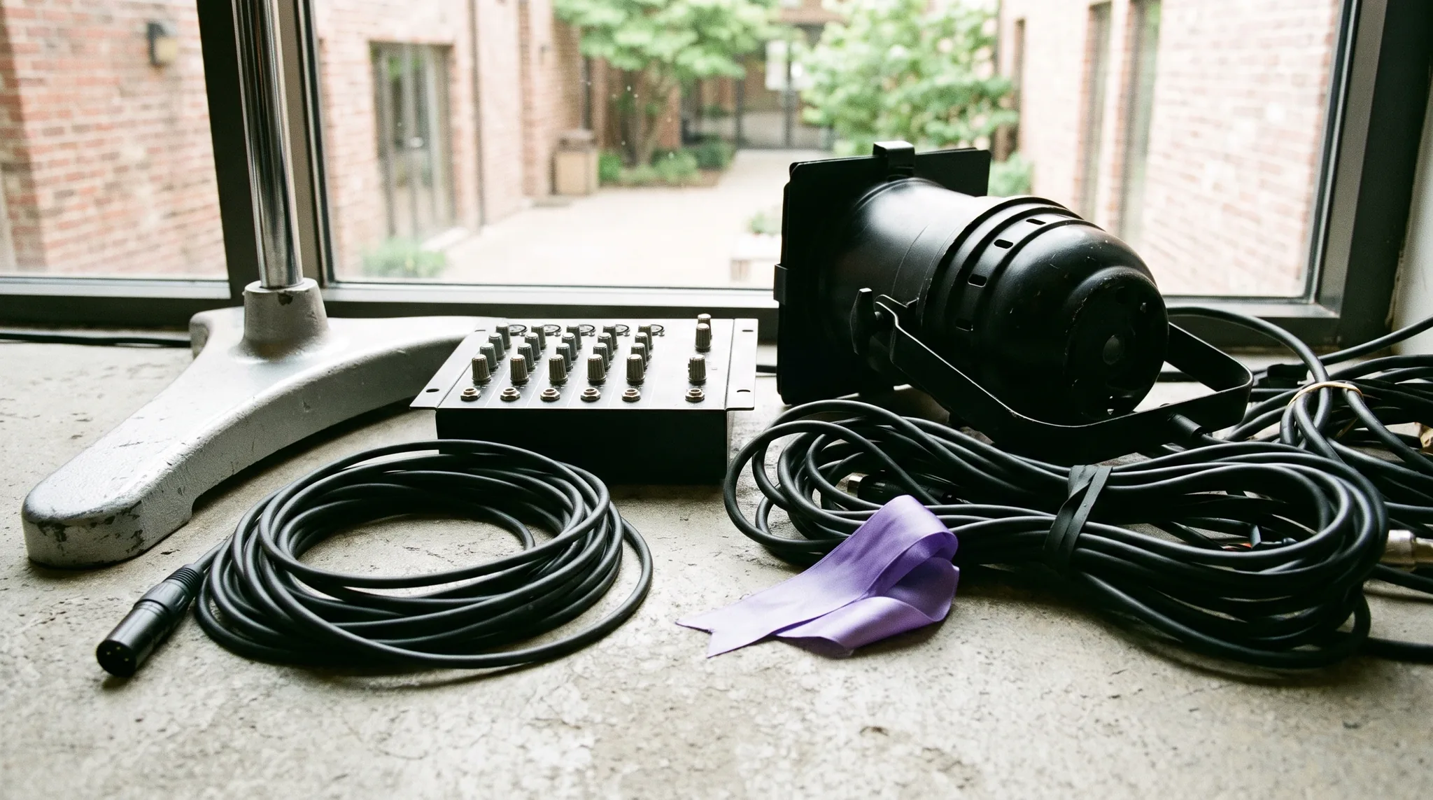 Veranstaltungstechnik in Königswinter: Digitalmischpult, XLR-Kabel, Bühnenmonitor, Traversenteile und Scheinwerferklemme auf dunkler Fläche im Gegenlicht.