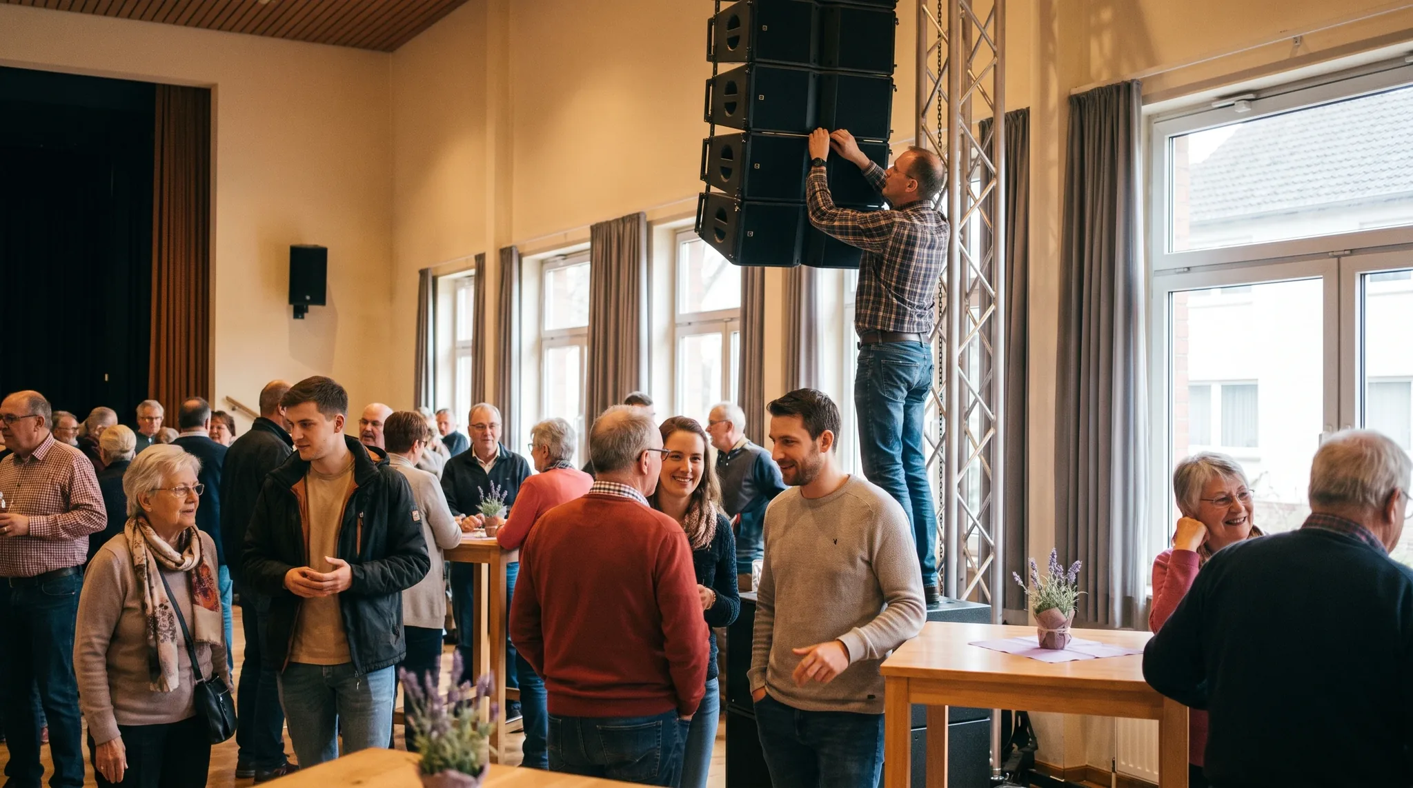 Veranstaltungstechnik Niederkassel: Technikerin justiert einen Moving Head an einer Traverse, Kollege verlegt Kabel, ein weiterer sitzt am Mischpult.