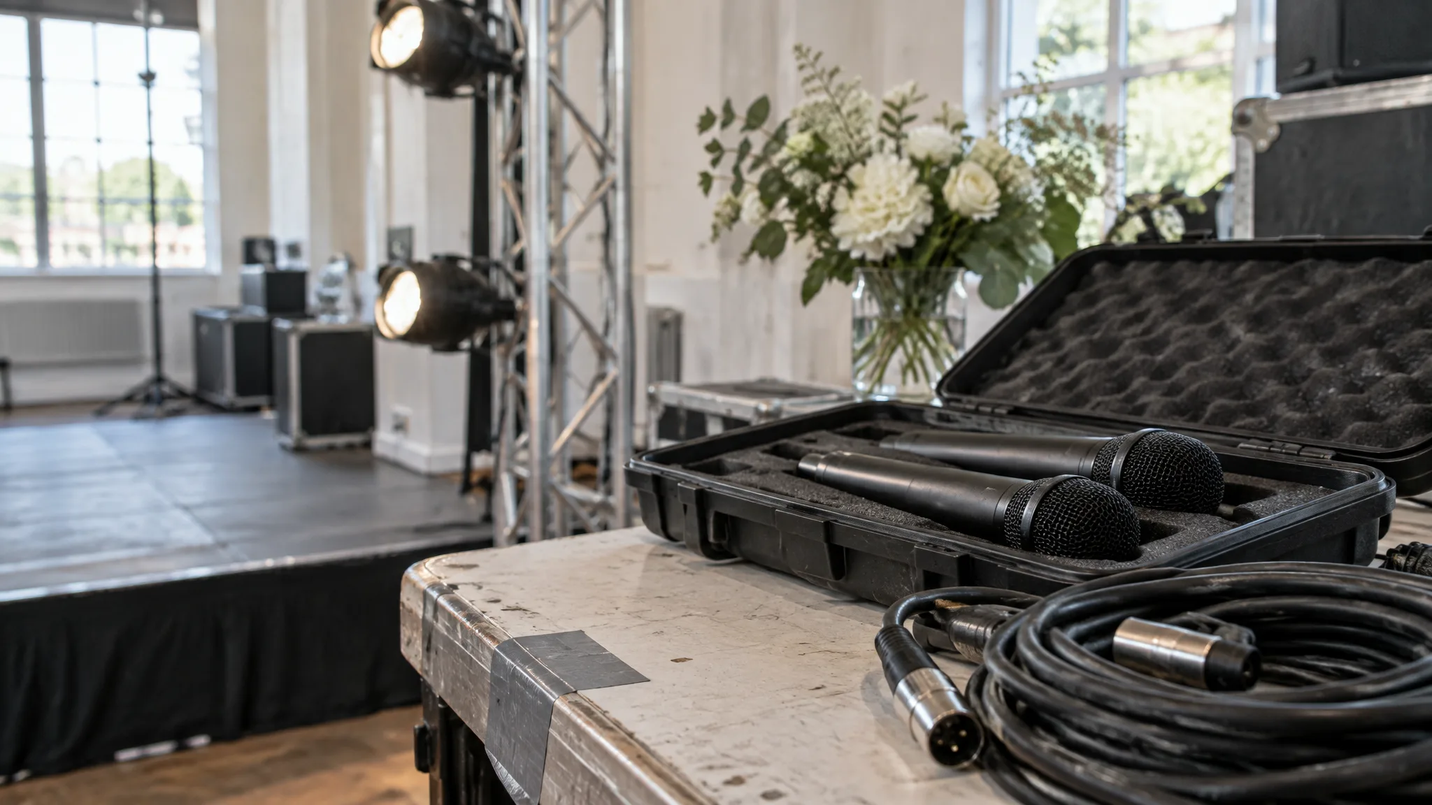 Funkmikrofone aus dem Veranstaltungstechnik-Verleih im offenen Koffer, daneben ein XLR-Kabel, dahinter Scheinwerfer an einer Traverse und Blumen