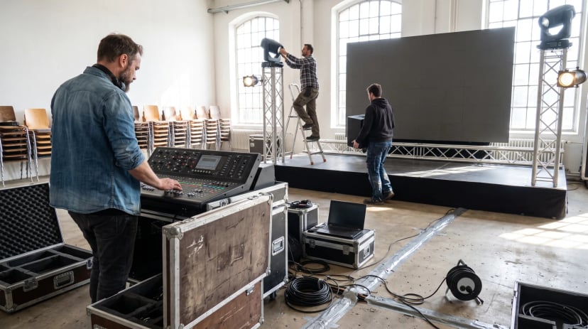 Veranstaltungstechnik im Aufbau vor einer Tagung: Techniker am Mischpult zwischen Flightcases, dahinter Moving Heads an der Traverse und die LED-Wand