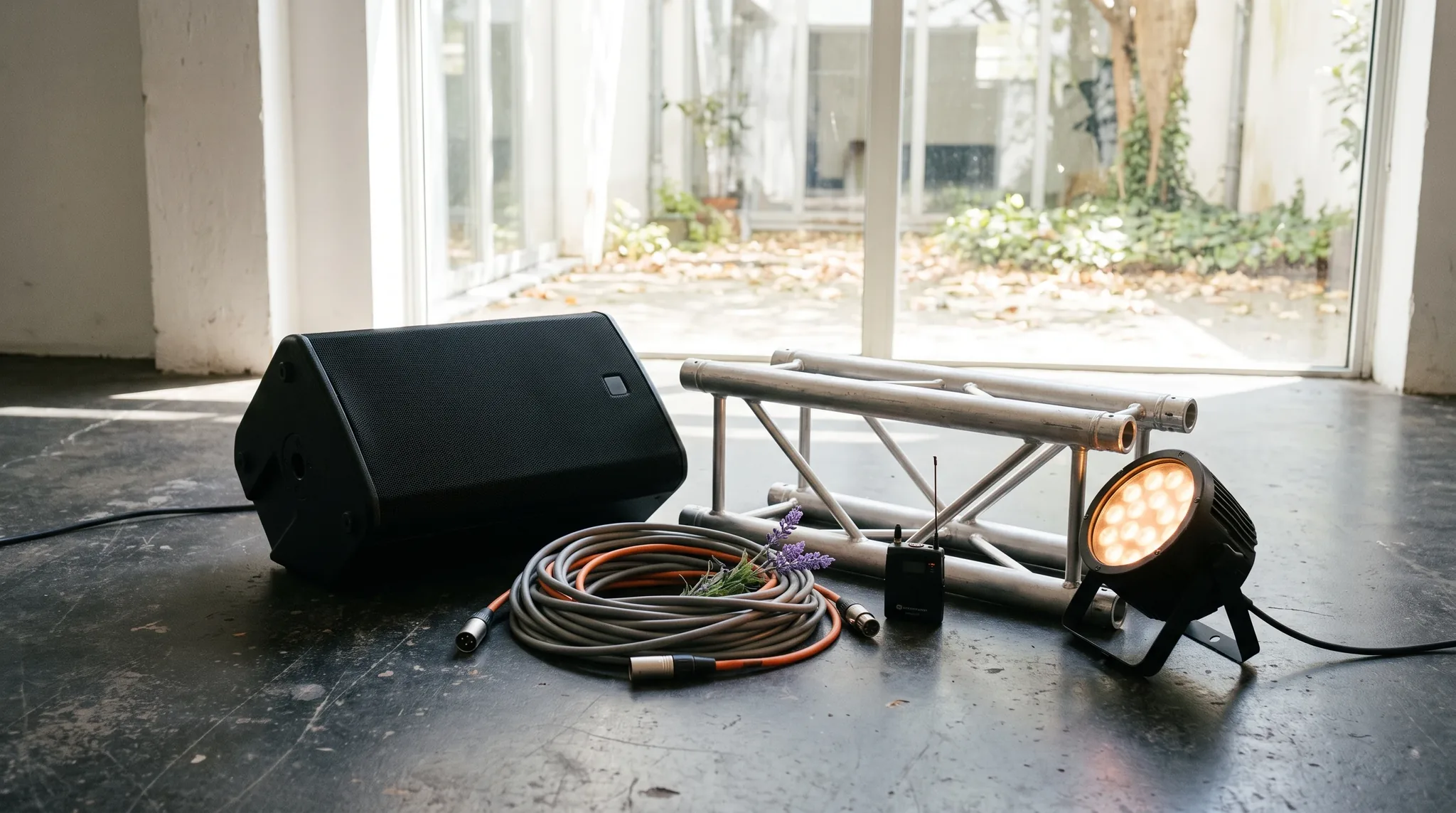 Veranstaltungstechnik in Wesseling: XLR-Kabel, Follow-Spot-Gehäuse, DMX-Controller, Bühnenmonitor und Farbfilter auf dunklem Betonuntergrund.