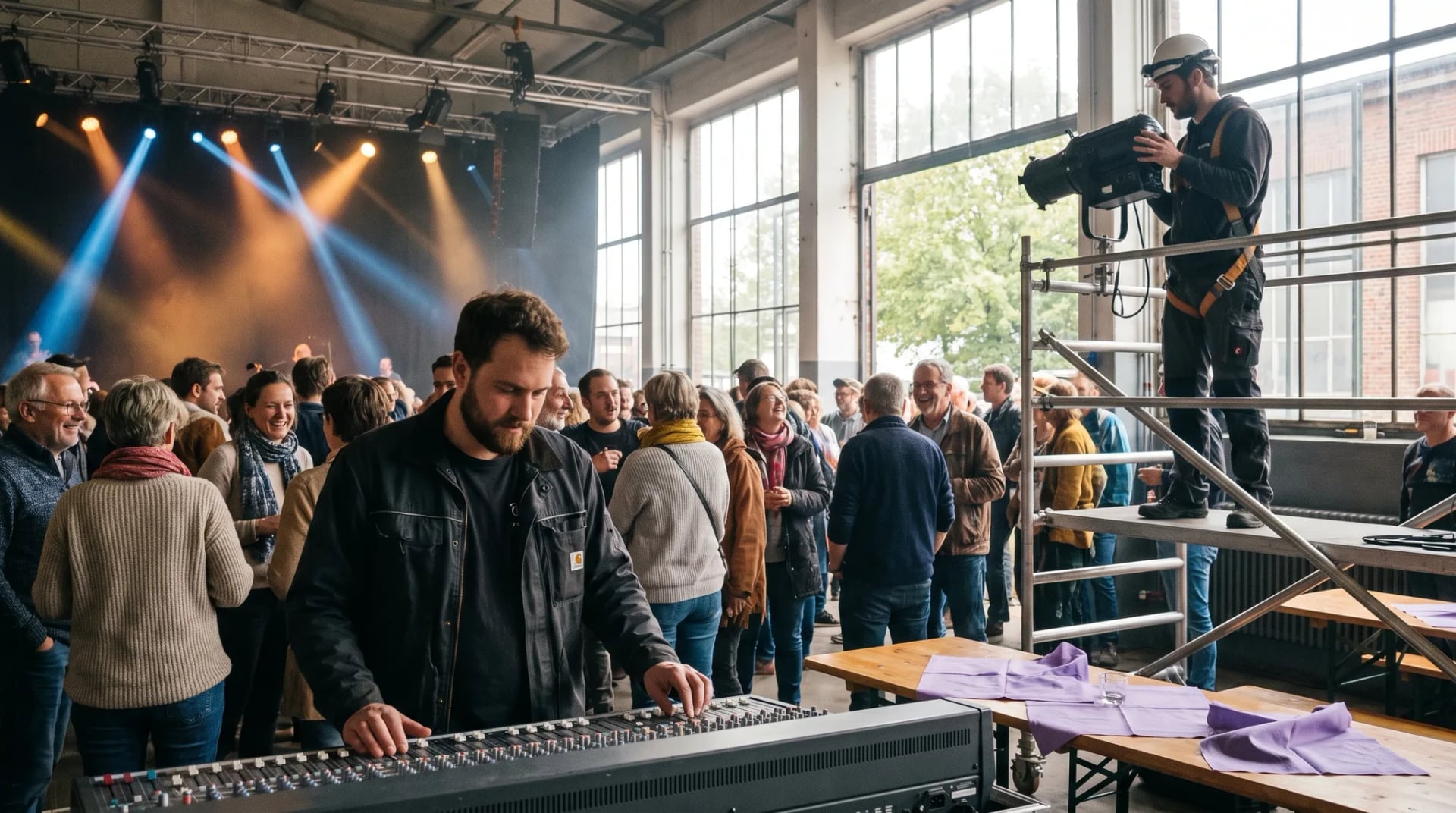 Veranstaltungstechnik Wesseling: AV-Techniker justiert Bühnenbeleuchtung in einer Eventhalle, Mischpulte leuchten im Hintergrund, Team beobachtet den Aufbau.