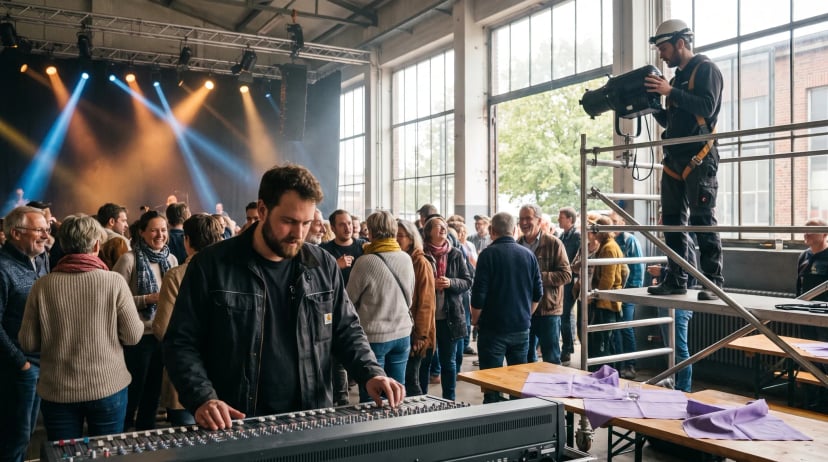Veranstaltungstechnik Wesseling: AV-Techniker justiert Bühnenbeleuchtung in einer Eventhalle, Mischpulte leuchten im Hintergrund, Team beobachtet den Aufbau.