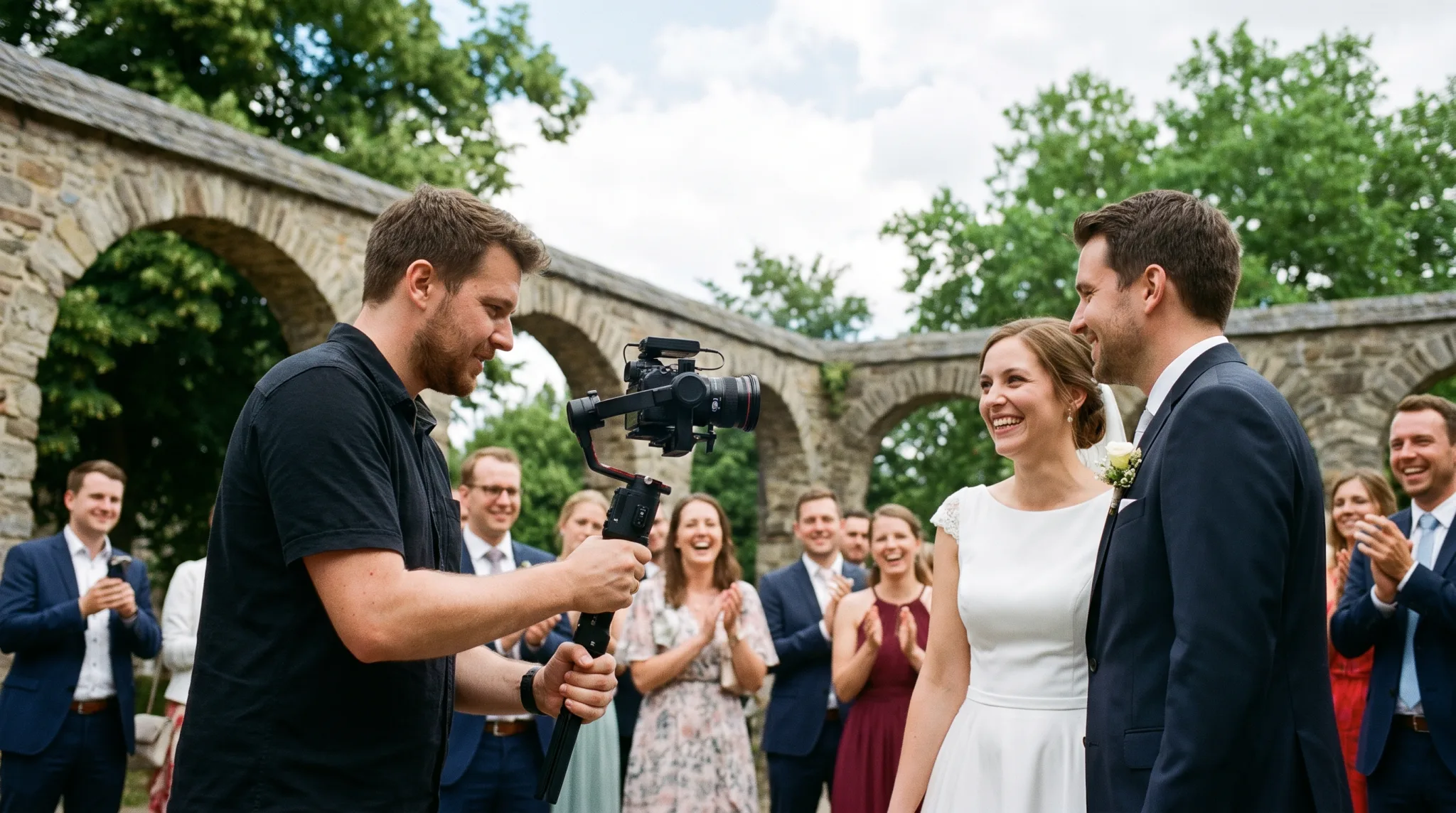 Videograf filmt eine Hochzeit in Köln mit Kamera auf Schulterstativ