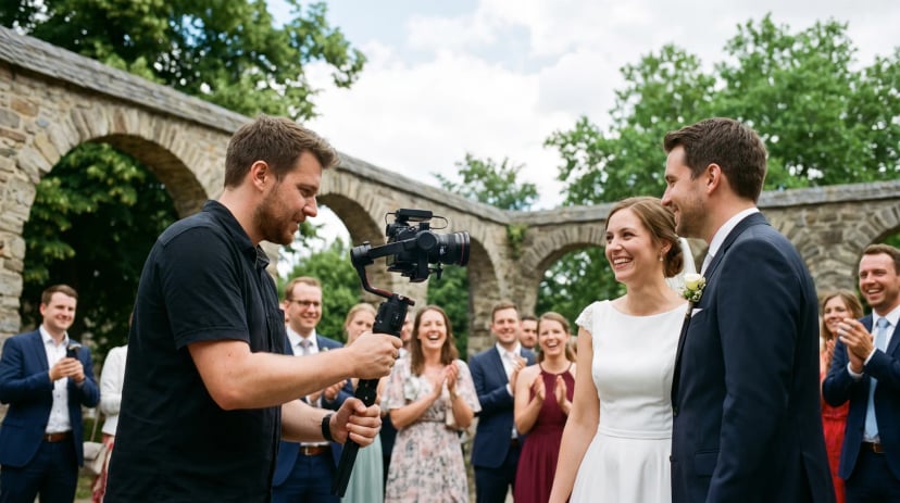 Videograf filmt eine Hochzeit in Köln mit Kamera auf Schulterstativ